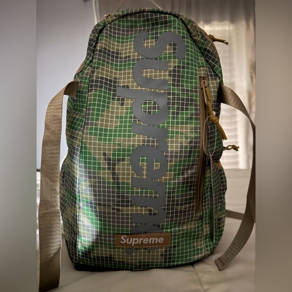 Supreme Green Camo Grid Backpack with Gray Logo